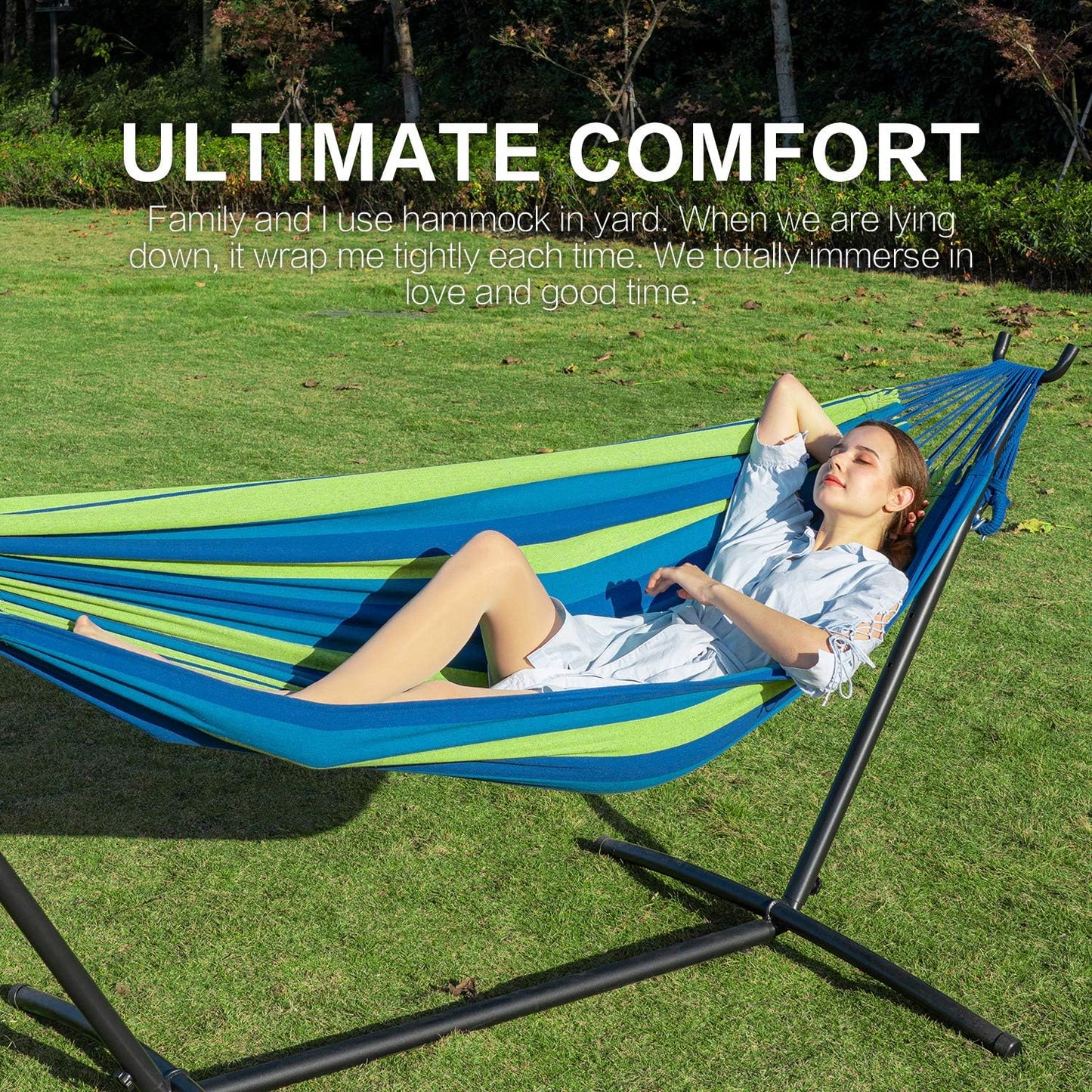 Double Hammocks with Stand for Outside, Portable Space Saving Heavy-Duty Steel Stand for Indoor Outdoor Patio with Sidebag, 450 Lbs Capacity (Blue)