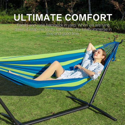 Double Hammocks with Stand for Outside, Portable Space Saving Heavy-Duty Steel Stand for Indoor Outdoor Patio with Sidebag, 450 Lbs Capacity (Blue)