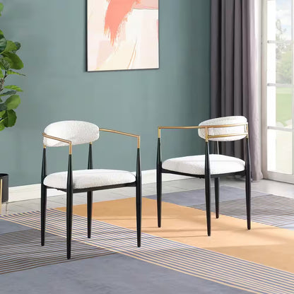 Modern White Boucle Cushion Seat Dining Chair Set of 2, Metal Frame Armchair for Kitchen, Living Room, Bedroom