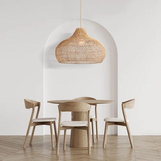 Anjanie 1 - Light Natural Lampshade Pendant – Handwoven Rattan Plug-In or Hardwired Light Fixture for Dining Room, Kitchen, or Bedroom in Japandi Boho Style