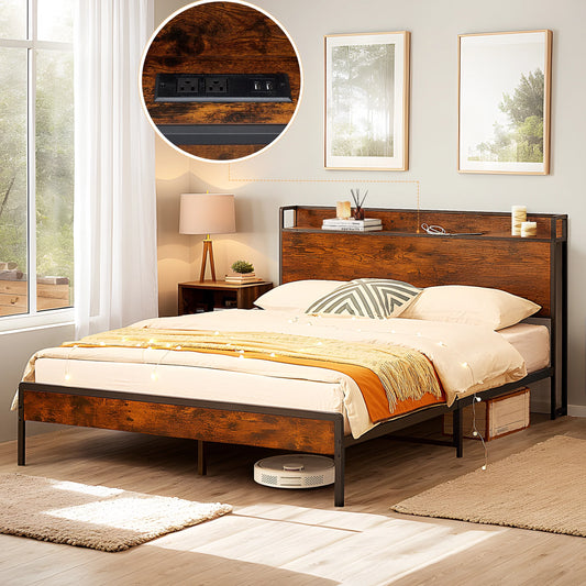 Full Size Bed Frame with Storage Headboard, Metal Bed Frame with Plug Outlets, USB, Brown