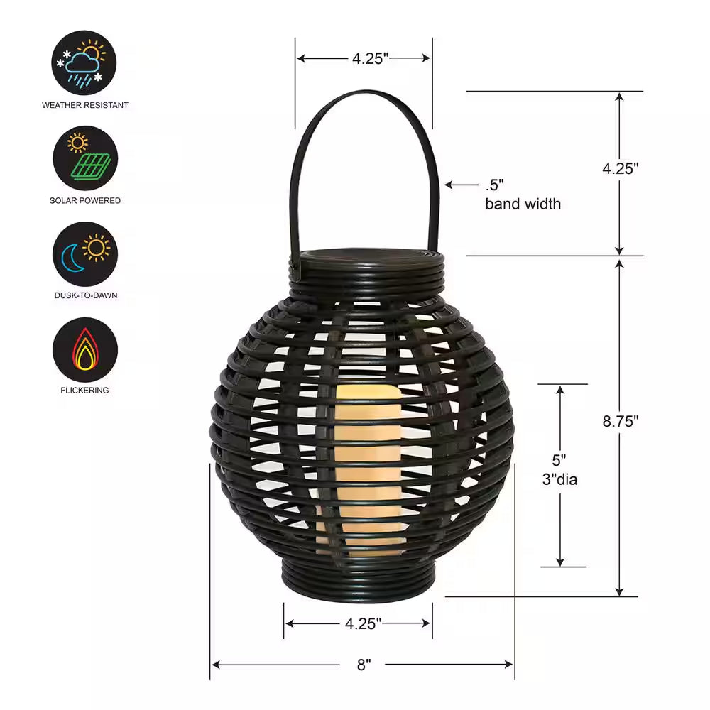 Black Solar Powered Lantern with LED Candle Basket
