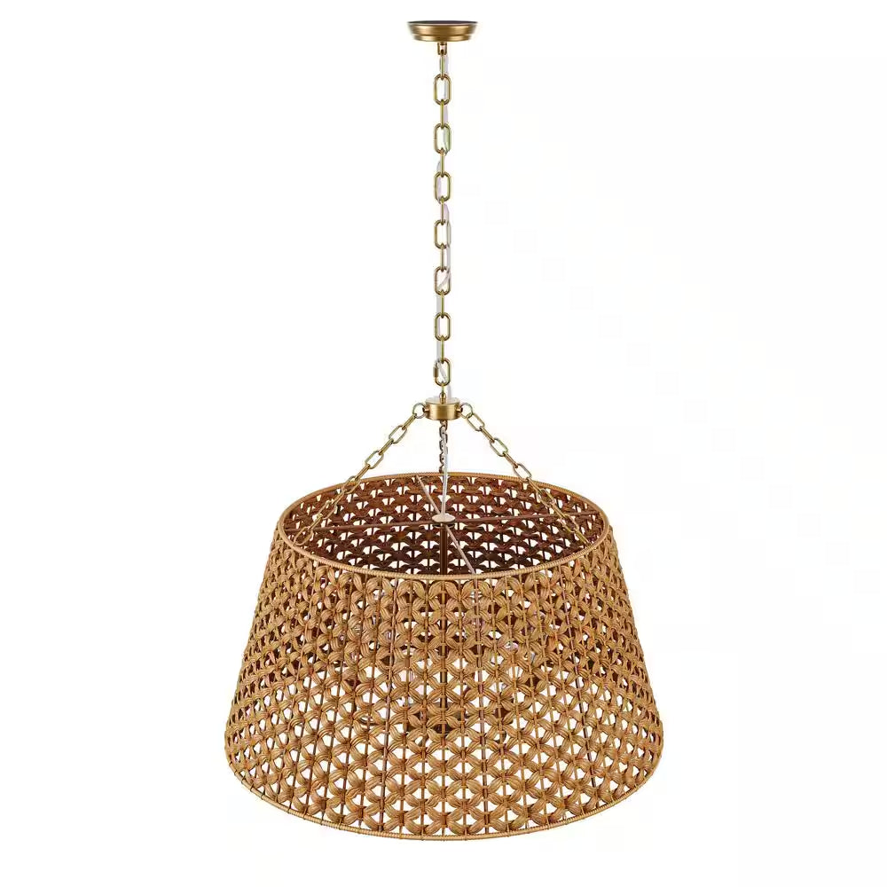 29.92 In. 6-Light Gold Woven Oversized Chandelier Boho Hand Rattan Rustic Farmhouse Ceiling Hanging Light