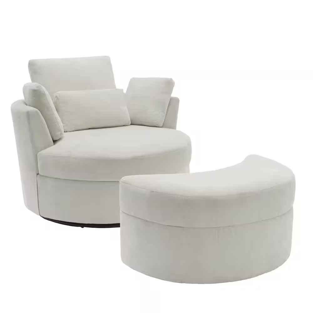 Beige Chenille Upholstered Swivel Accent Barrel Chair with Storage Ottoman and Pillows (Set of 1)
