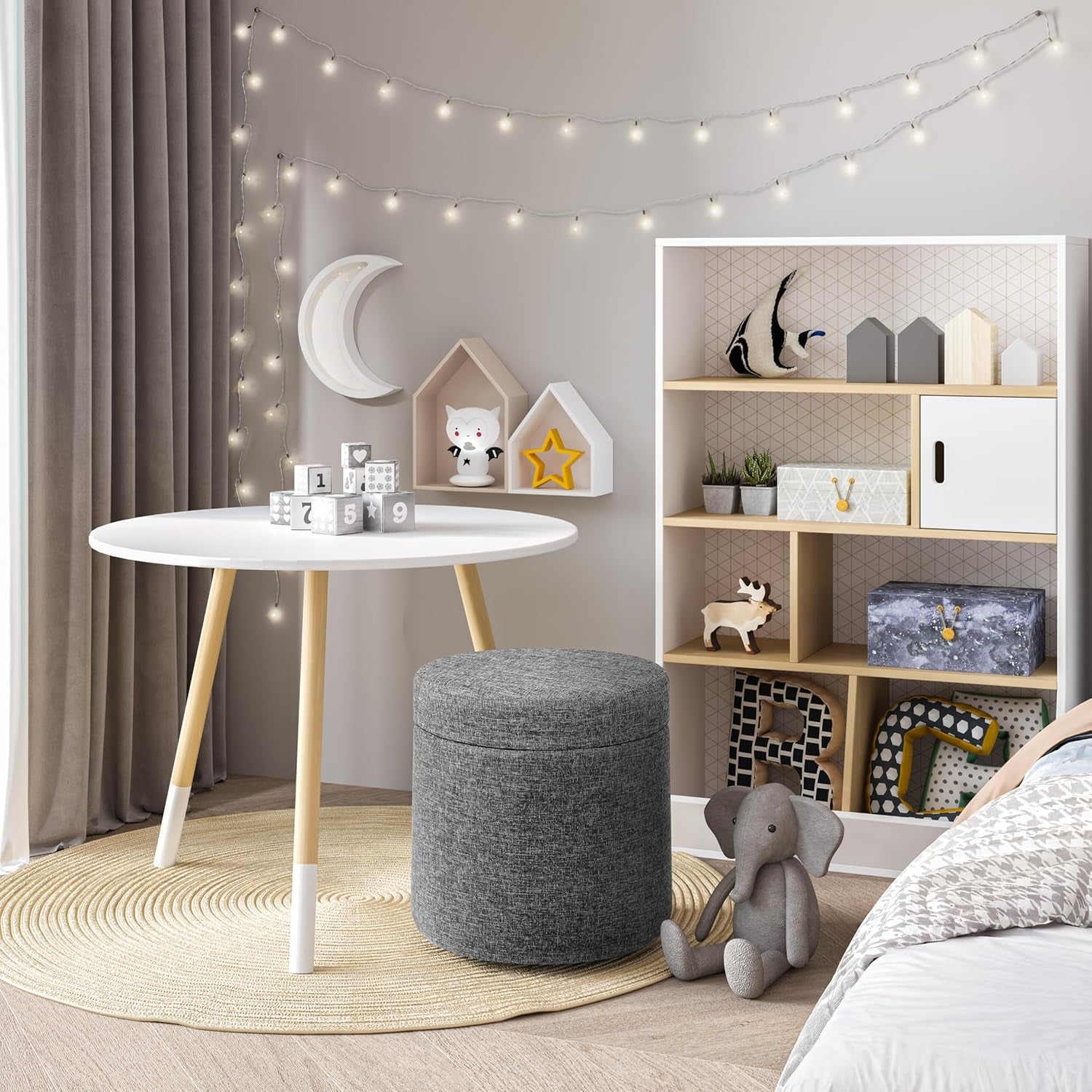Cushioned Fabric Ottoman Hidden Storage Chest Footrest Chair, Padded Seat for Bedroom, Dorm, Loft, Living Room, Entryway, Hallway, Modern Gray, 15.6" Wobble