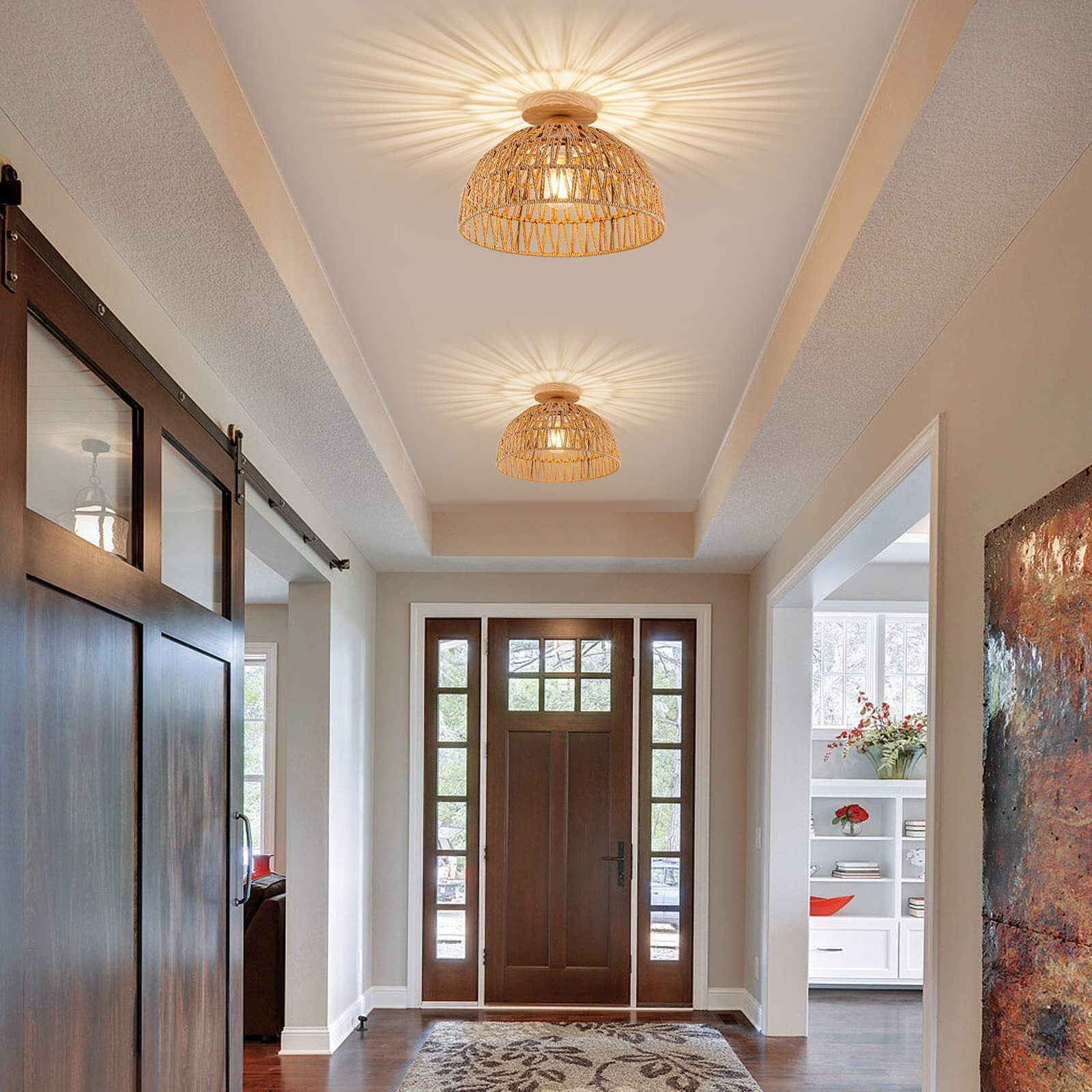 Boho Chandelier Rattan Ceiling Light Fixtures Boho Lamp Shade Flush Mount Ceilin