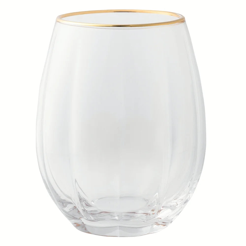 Scalloped Stemless Wine Glasses with Gold Trim, Set of 4