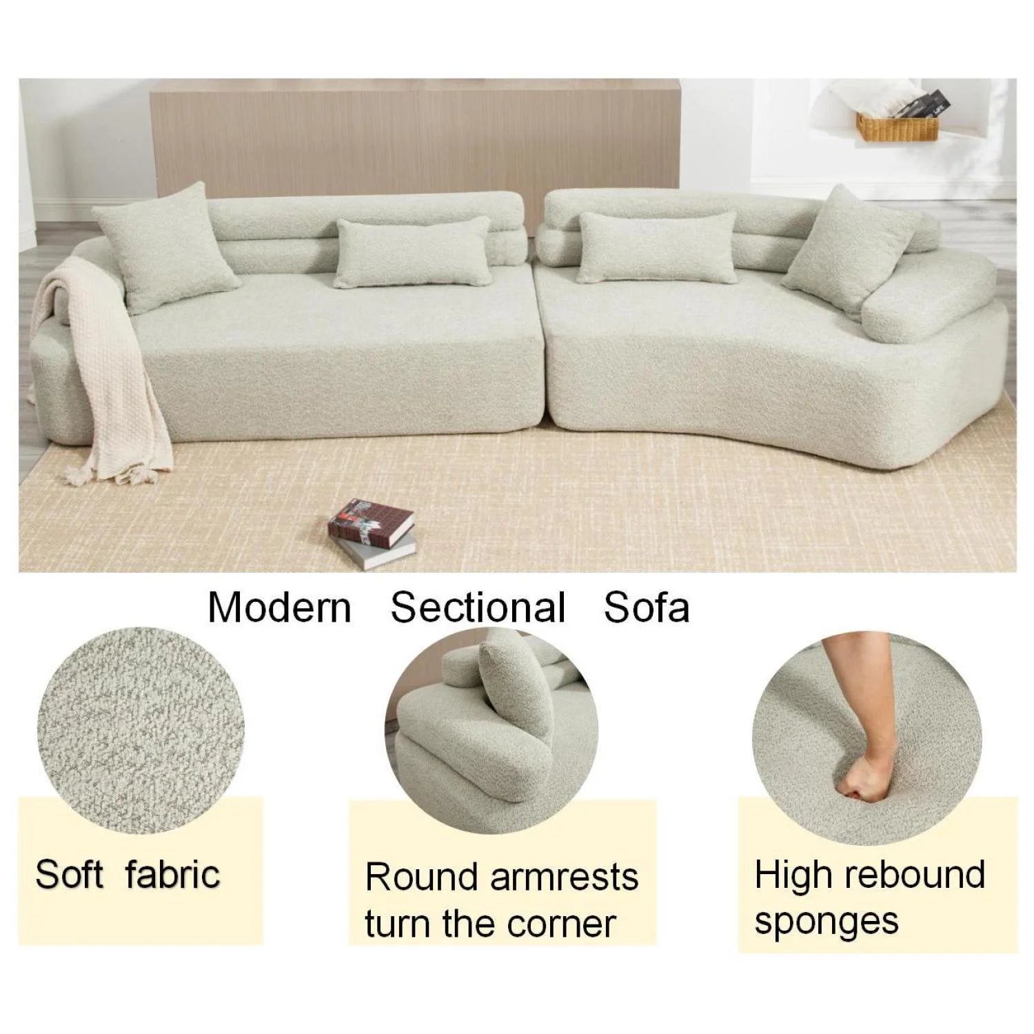 139" Modular Sectional Sofa Couch, Comfy Boucle Upholstered Deep Seat Cloud Couch with Convertible Chaise, Modern Minimalist Sleeper Sofa Set for Living Room, Office, Green