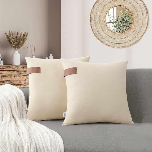 Set of 2 Throw Pillow Covers - 100% Cotton Soft Decorative Outdoor Pillows Cushion Covers for Bed Home Decoration, 18 X 18, Beige