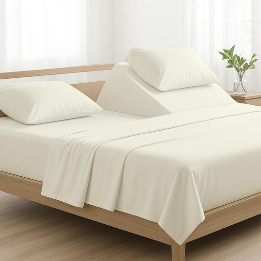 4 Piece Top Split King Sheet Set for Sleep Number Adjustable Bed, 100% Egyptian Cotton Bed Sheets, 34" Flex Head, Fits 18" Deep Mattress, 78" X 80", Ivory Solid