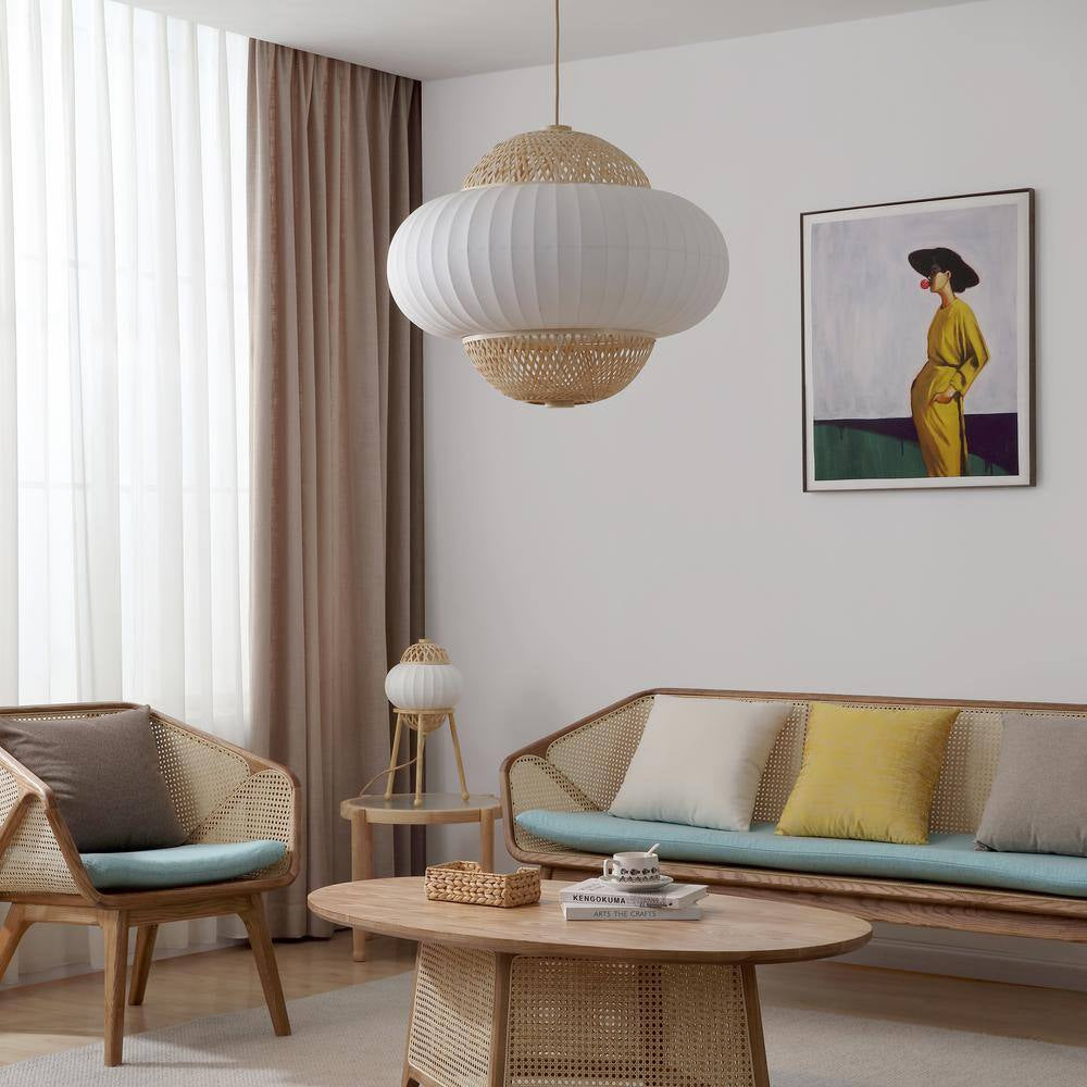 Hikari 60-Watt 4-Light Wood Grain and Natural Pendant Light with Woven Bamboo Shade and Bulb Not Included