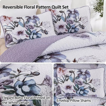 Floral Quilt Set Queen 3 Pieces Boho Purple Quilt Coverlet Set Soft Microfiber L