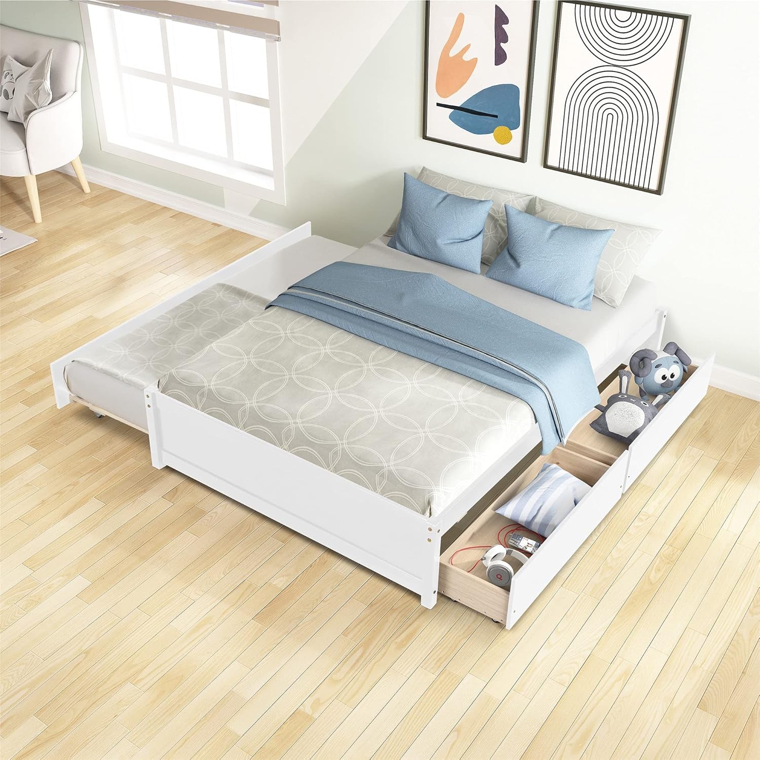 Full Bed Frame with Drawers and Trundle,Full Size Wood Platform Bed with Storage, Space Saving Full Captain Bed for Kids Teens or Adults, No Box Spring Needed,White