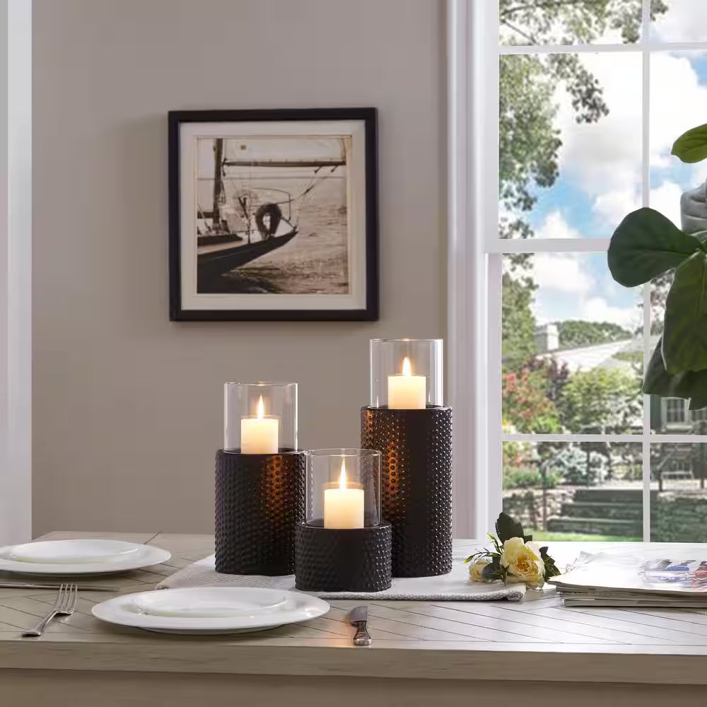Contemporary Candle Holders with Clear Glass Hurricanes and Textured Metal Base (Set of 3)