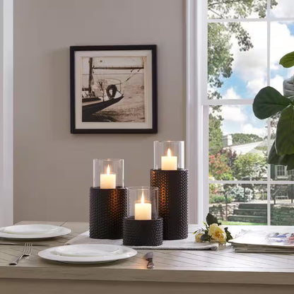 Contemporary Candle Holders with Clear Glass Hurricanes and Textured Metal Base (Set of 3)
