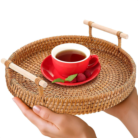 Rattan Tray 8.7 Inch round Woven Serving Basket with Handles Decorative Tray for Coffee Table Bread Fruit Vegetables Restaurant & Home Use