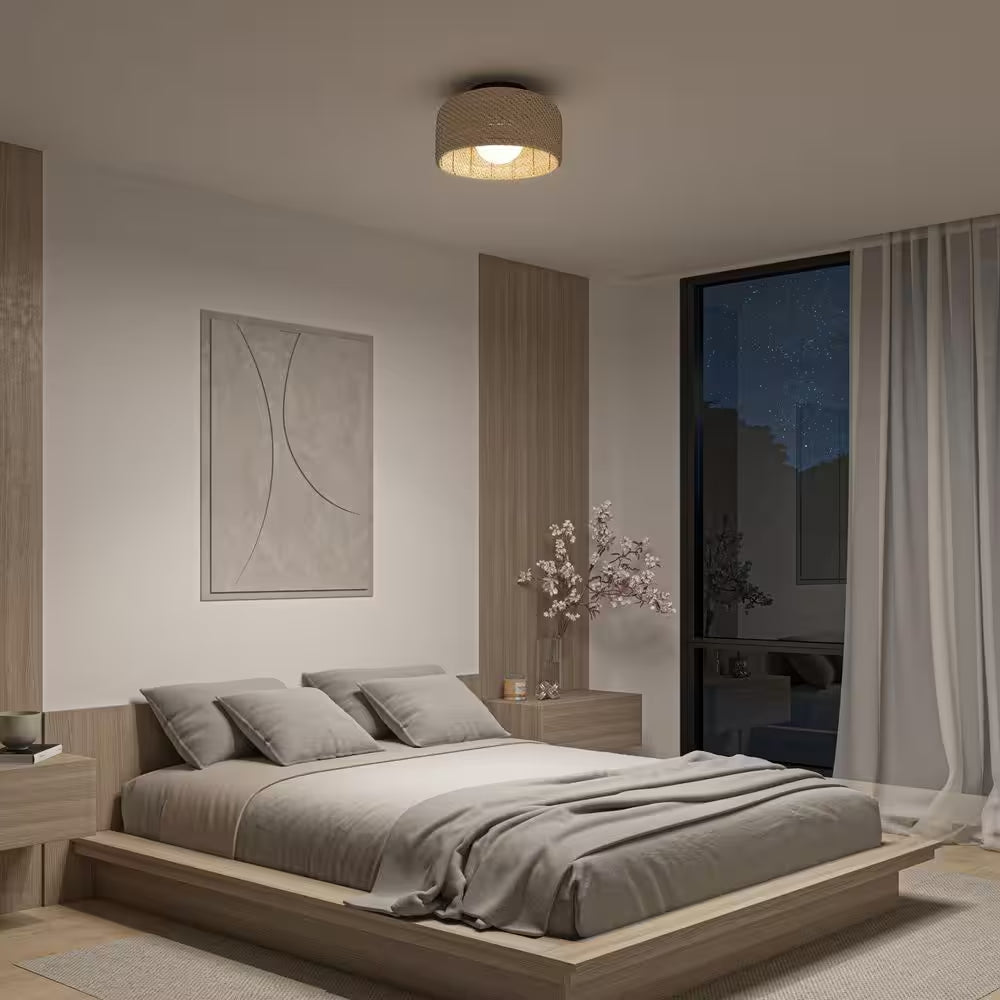 Emiko 15 In. 1 Light Black and Rattan 5CCT Integrated Selectable LED Flush Mount Ceiling Light