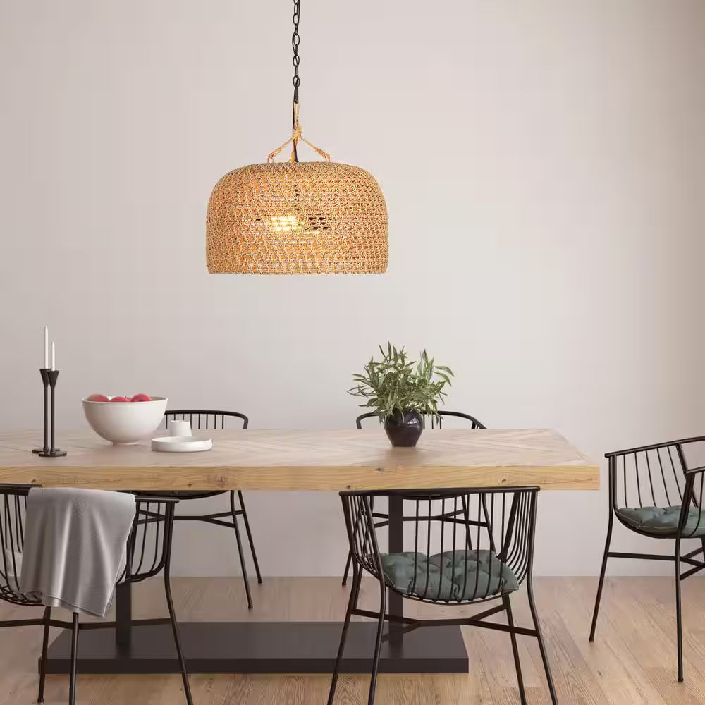 Summerpoint 120-Watt 2-Light Black Shaded Pendant Light with Natural Woven Shade, No Bulbs Included