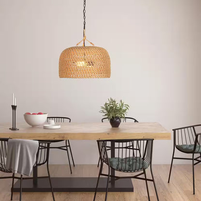 Summerpoint 120-Watt 2-Light Black Shaded Pendant Light with Natural Woven Shade, No Bulbs Included