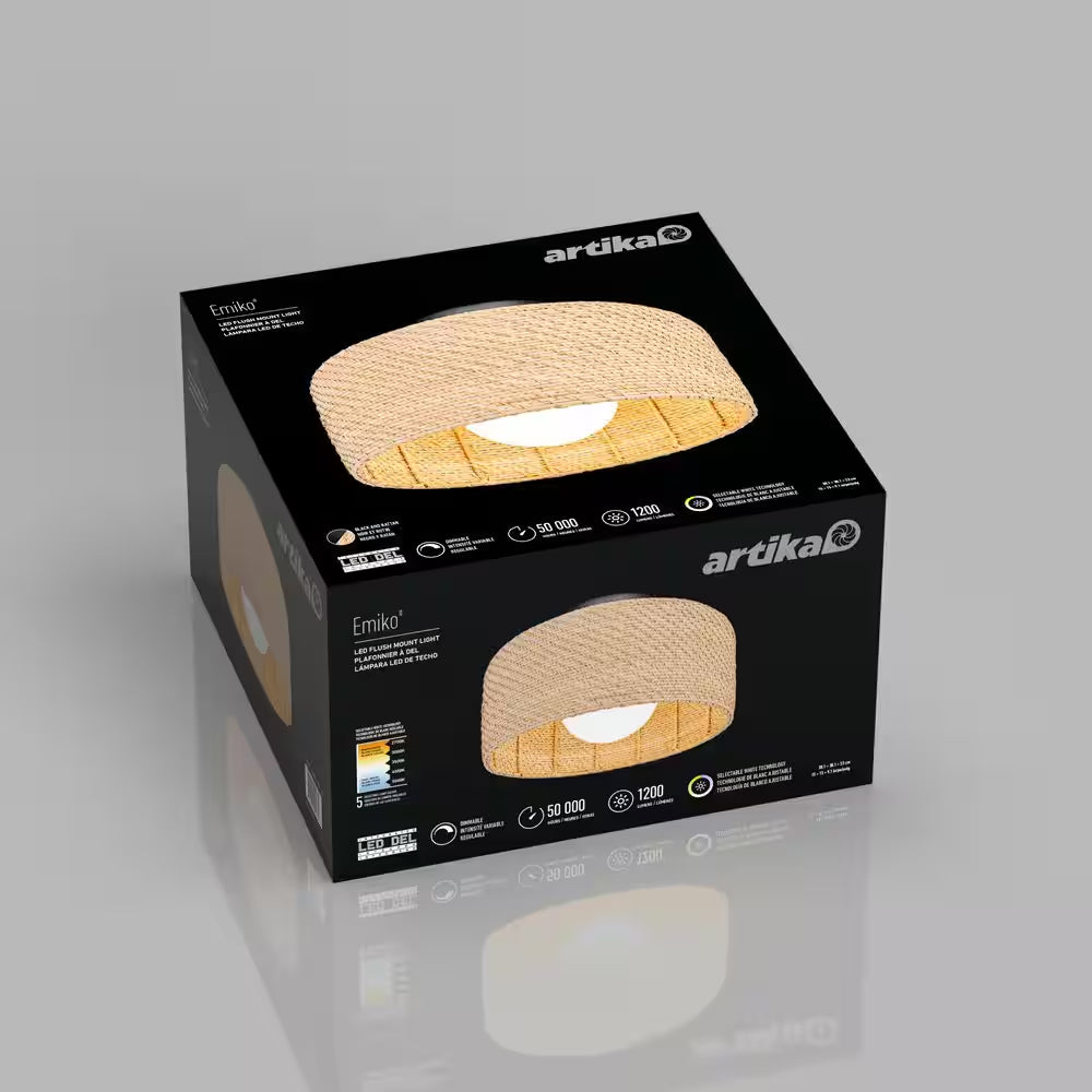 Emiko 15 In. 1 Light Black and Rattan 5CCT Integrated Selectable LED Flush Mount Ceiling Light