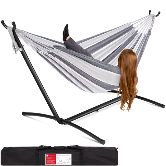2-Person Brazilian-Style Cotton Double Hammock with Stand Set W/ Carrying Bag - Steel