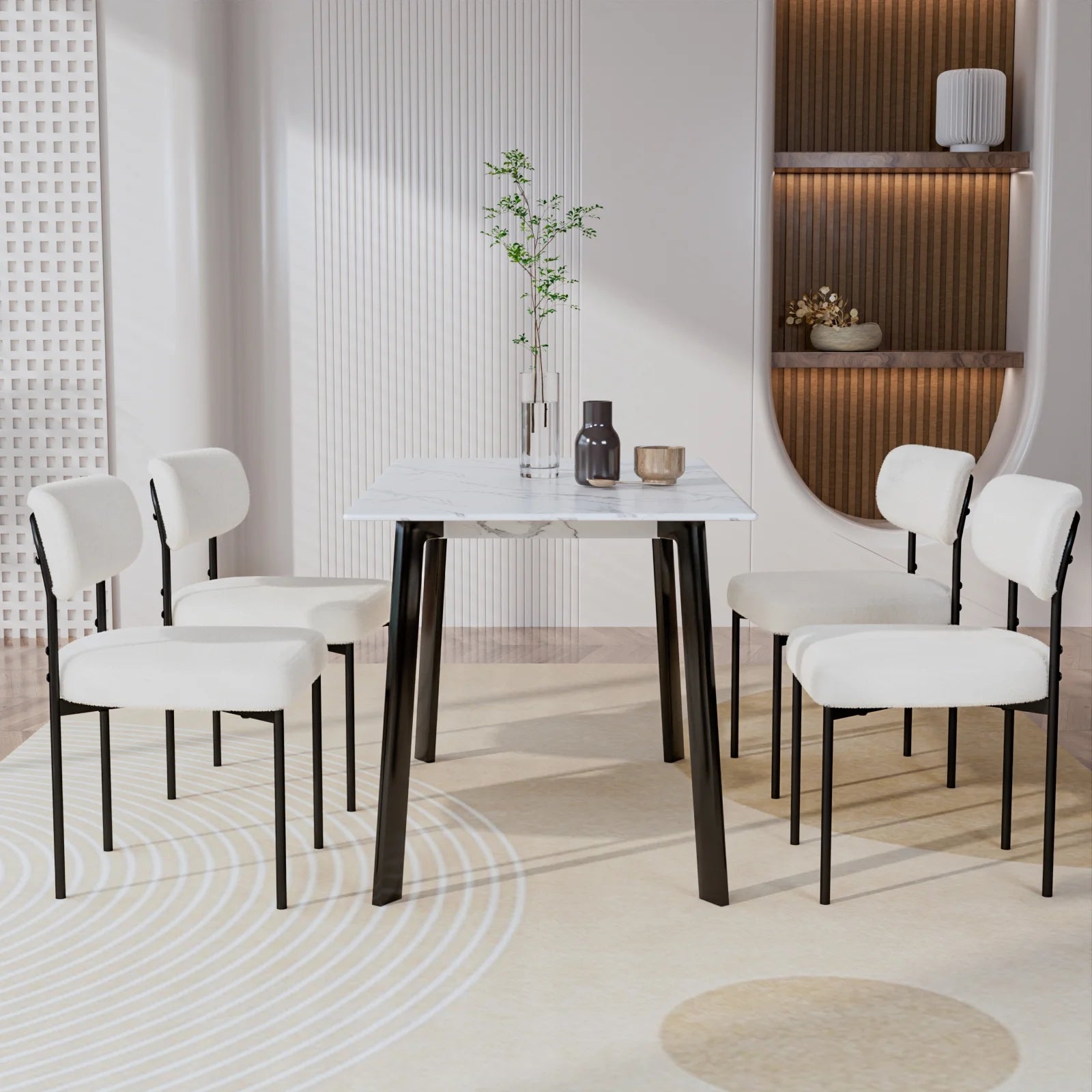 Boucle Dining Chairs Set of 4 Modern Upholstered Kitchen Dining Room Chairs with Backrest & Metal Legs Accent Side Chairs White for Dining Kitchen Living Room Bedroom