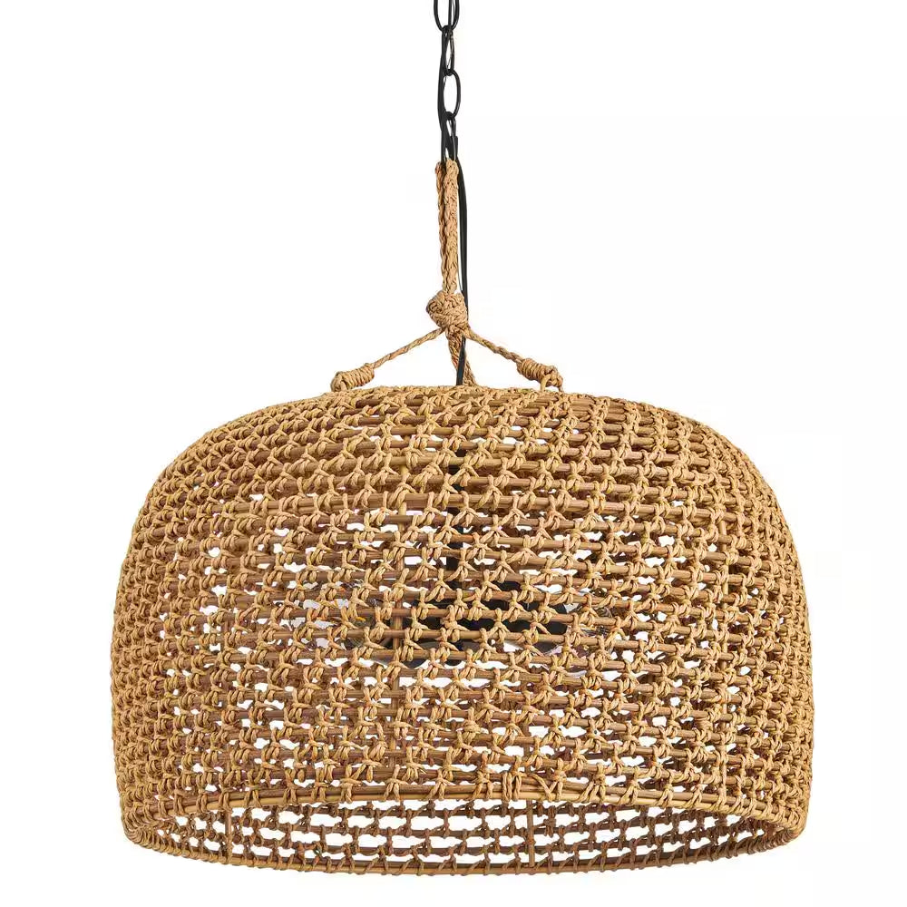 Summerpoint 120-Watt 2-Light Black Shaded Pendant Light with Natural Woven Shade, No Bulbs Included