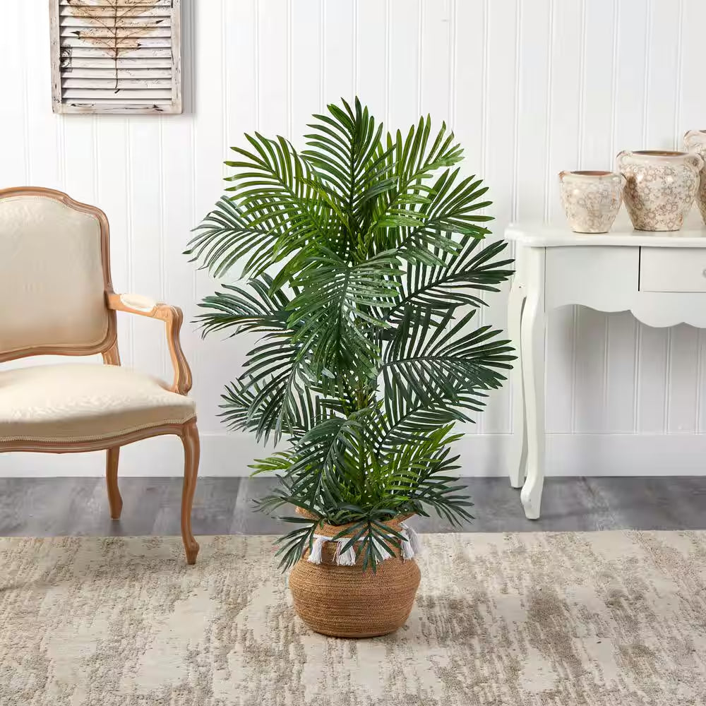 4 Ft. Green Areca Faux Palm Tree in Boho Chic Handmade Natural Cotton Planter with Tassels UV Resistant (Indoor/Outdoor)