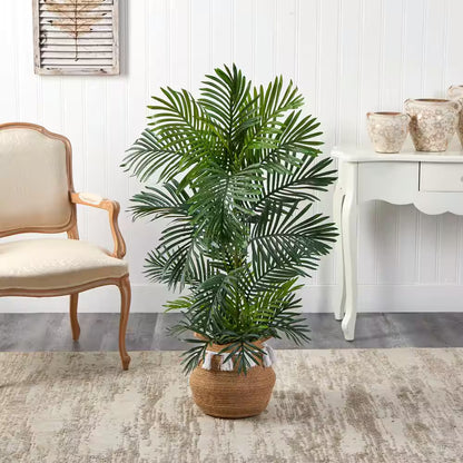 4 Ft. Green Areca Faux Palm Tree in Boho Chic Handmade Natural Cotton Planter with Tassels UV Resistant (Indoor/Outdoor)