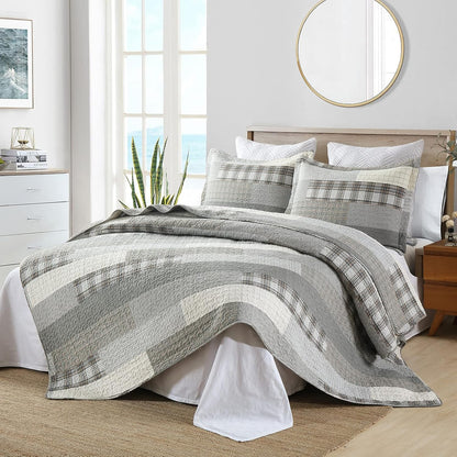Quilt King Size - 100% Cotton Grey King Quilt Farmhouse Plaid Quilted Bedspread, 3 Pieces Lightweight Reversible King Size Quilt Bedding Set for All Season