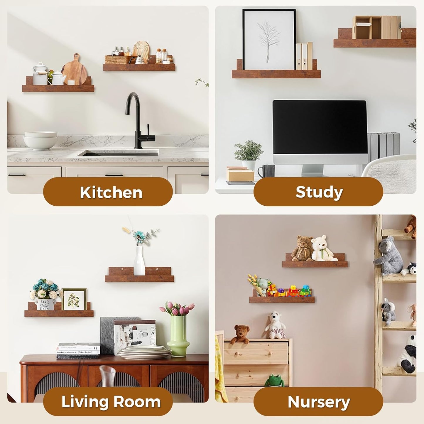 45.3" Large Floating Wall Ledge Shelves with Lip - Set of 2 Rustic Wood Floating Shelves - Honey Brown Wall Mounted Picture Ledge for Office, Bathroom, Bedroom, Living Room, Kitchen