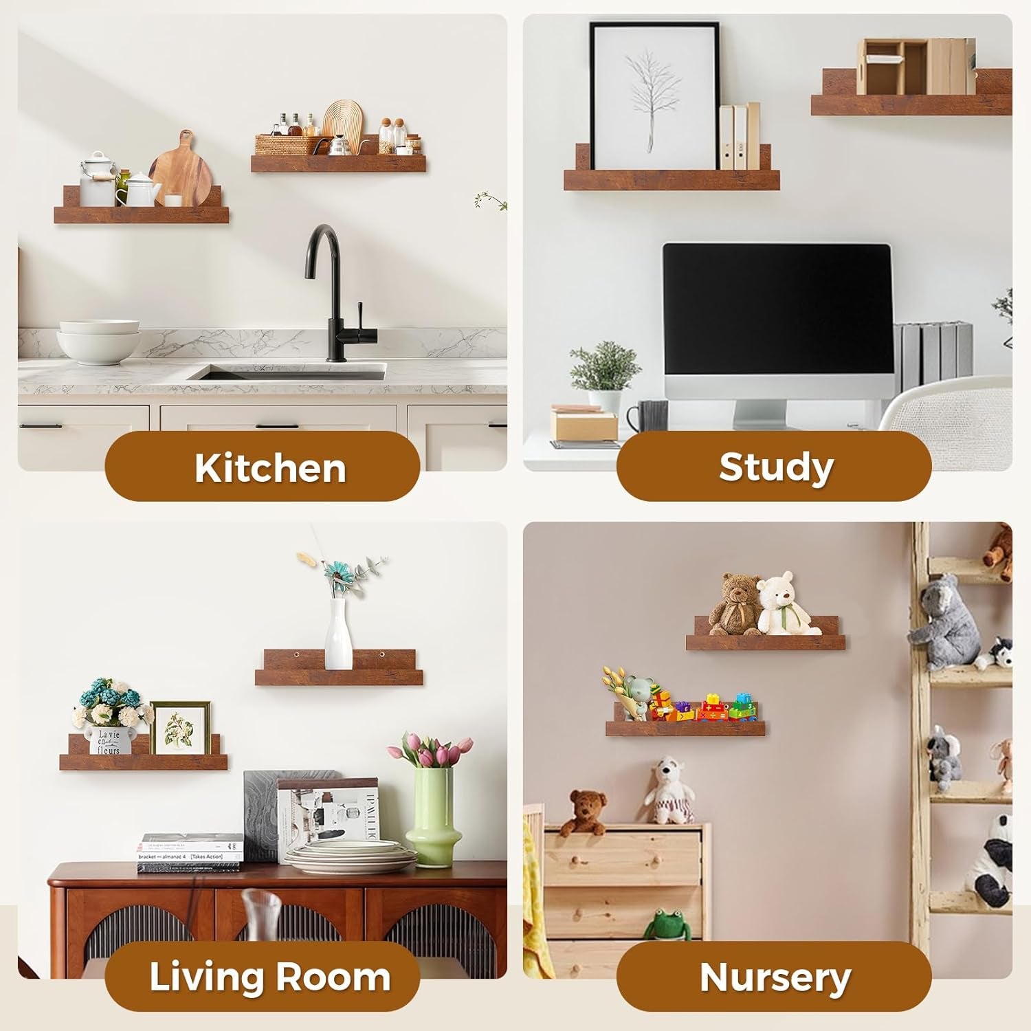 45.3" Large Floating Wall Ledge Shelves with Lip - Set of 2 Rustic Wood Floating Shelves - Honey Brown Wall Mounted Picture Ledge for Office, Bathroom, Bedroom, Living Room, Kitchen