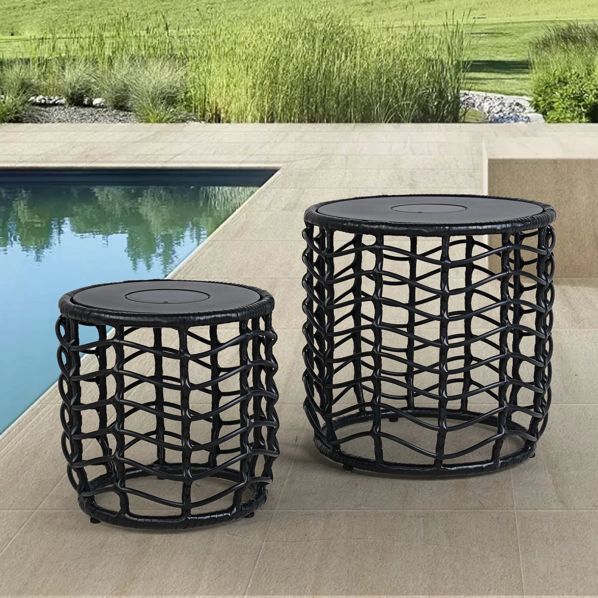 Outdoor Modern Boho Style Wave Wicker End Tables,Built-In Solar Lights, Black (Set of 2)