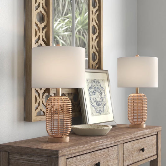 Natural Rattan Table Lamps Set of 2, Coastal Bedside Lamps 21'' Tall Brown Nightstand Lamps with White Fabric Shade for Bedroom, Living Room