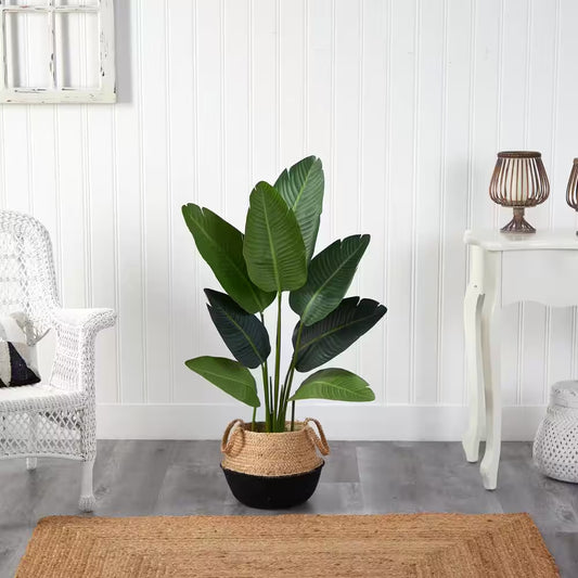 4 Ft. Green Travelers Palm Artificial Tree in Boho Chic Handmade Cotton & Jute Black Woven Planter