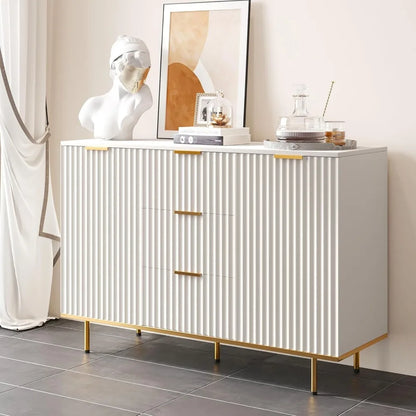 Modern Sideboard Cabinet with Fluted Doors, Gold Legs and Handle - Buffets & Sideboards for Elegant Living Spaces - 2-Door 3 Dra