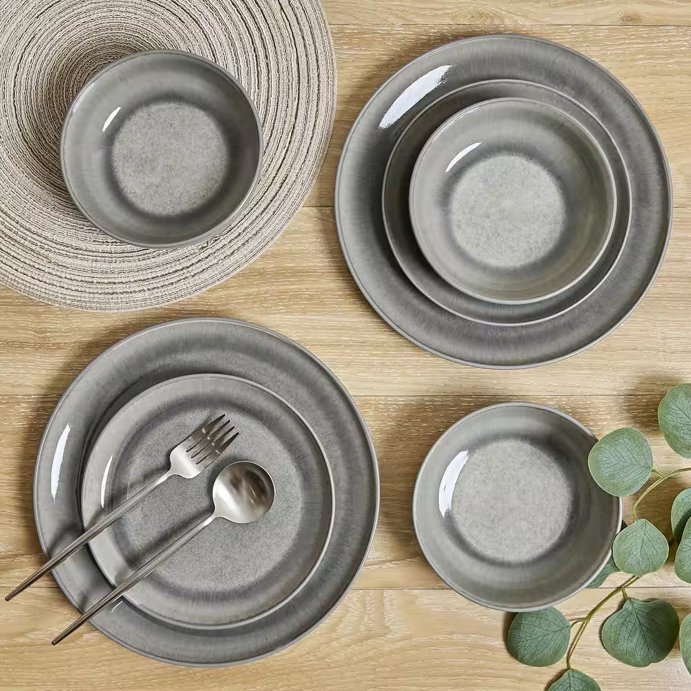 Asher Gray 12-Piece Stoneware Dinnerware Set, Round, Microwave and Dishwasher Safe