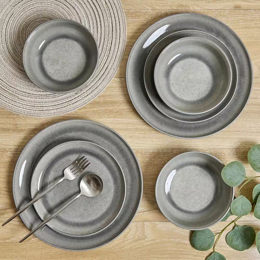 Asher Gray 12-Piece Stoneware Dinnerware Set, Round, Microwave and Dishwasher Safe