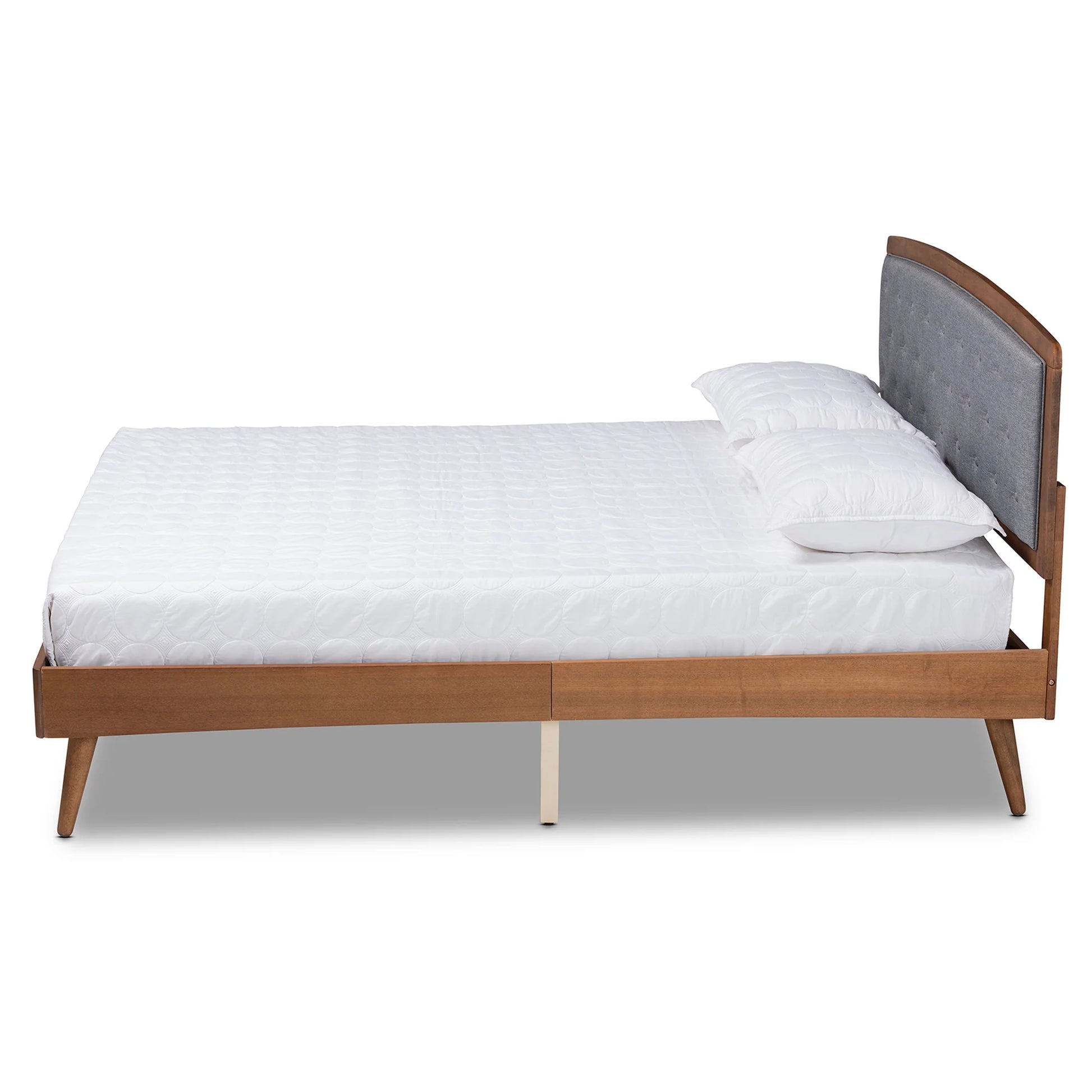 Ratana Mid-Century Modern Transitional Grey Fabric Upholstered and Walnut Brown Finished Wood, Full Size Platform Bed