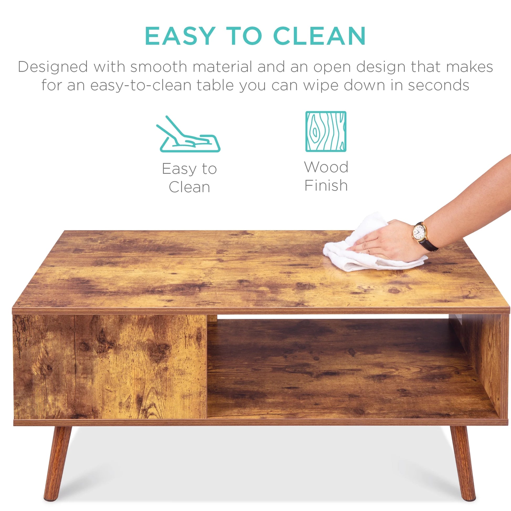 Wooden Mid-Century Modern Coffee Accent Table Furniture W/ Open Storage Shelf - Brown
