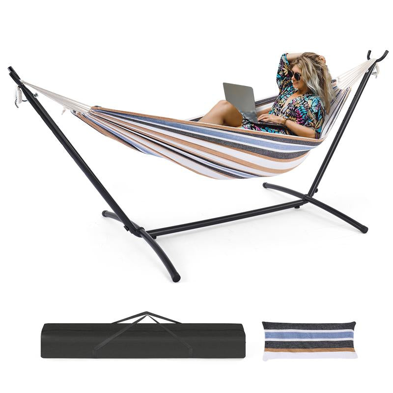 Double Hammock with Space Saving Steel Stand Heavy Duty 2 Person Standing Hammocks 450Lb Capacity for outside Garden Yard with Portable Carrying Bag