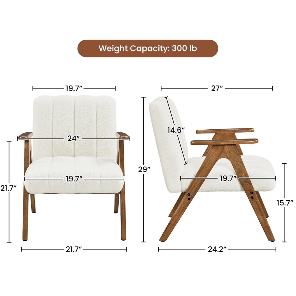 Mid Century Modern Boucle Upholstered Accent Chair with Solid Wood Legs, White