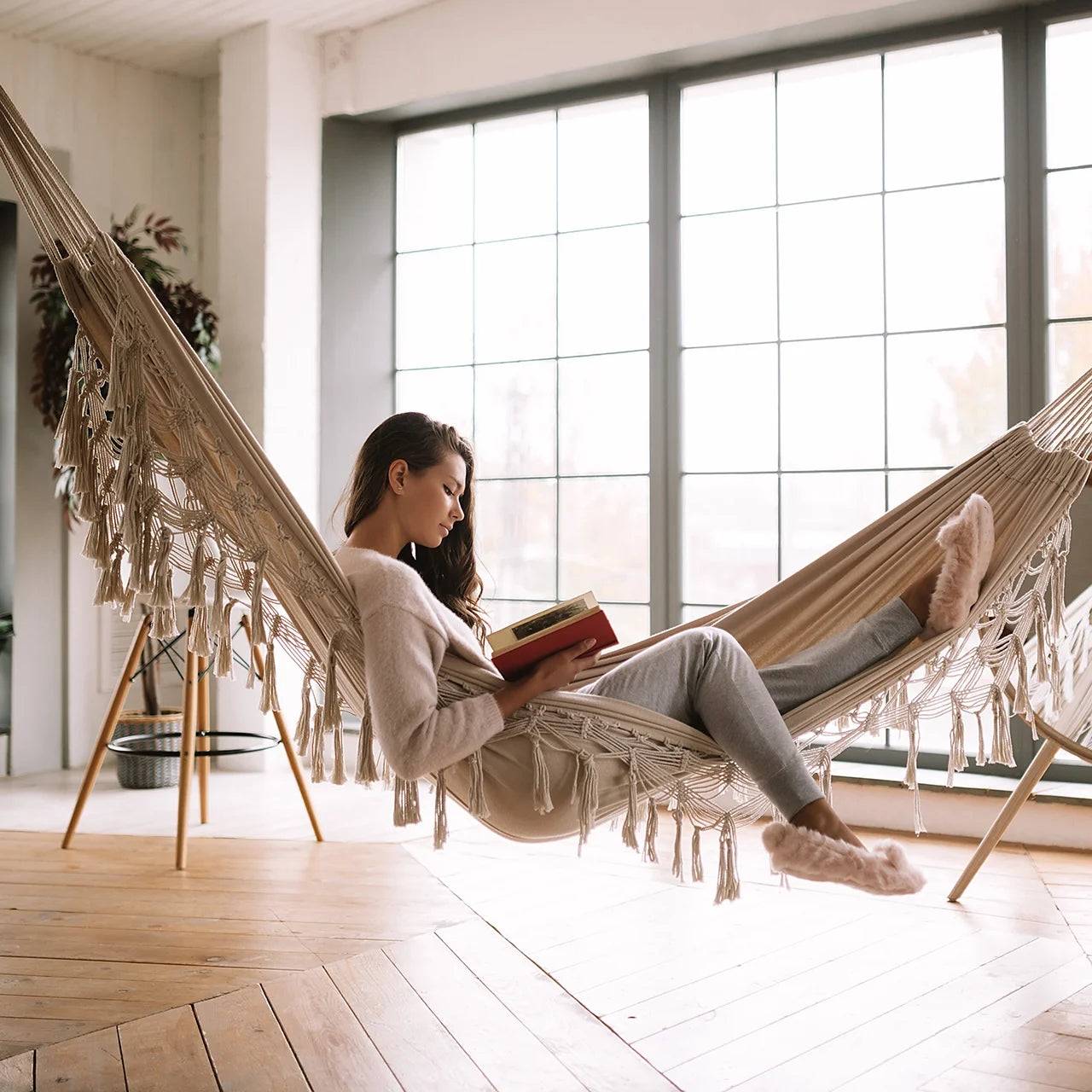 40” Wide Brazilian Style Hammock in a Bag with Decorative Fringe & Hanging Hardware, 250 Lb. Capacity