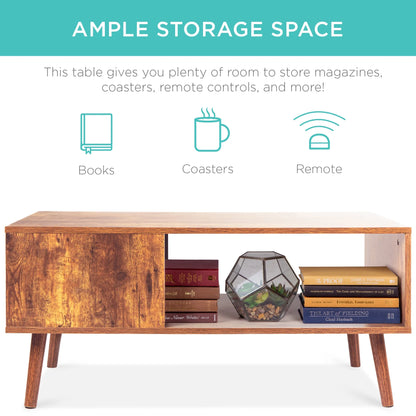Wooden Mid-Century Modern Coffee Accent Table Furniture W/ Open Storage Shelf - Brown