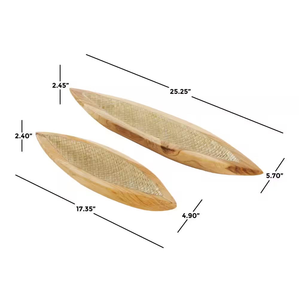 Brown Handmade Teak Wood Carved Boat Decorative Tray with Woven Palm Leaf Interior Set of 2