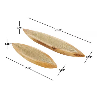 Brown Handmade Teak Wood Carved Boat Decorative Tray with Woven Palm Leaf Interior Set of 2