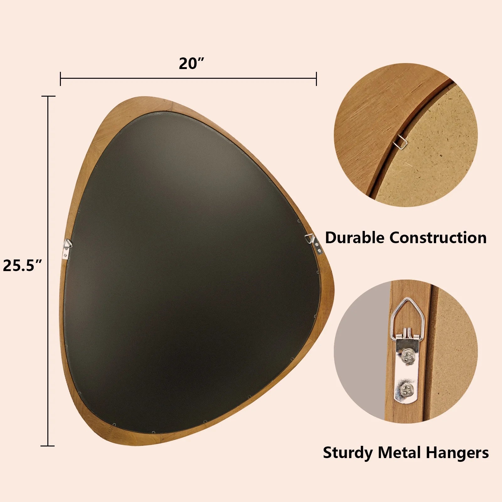 Irregular Natural Wood Frame Wall Mirror for Bathroom, Asymmetrical Home Wall Decor, 20.28 × 25.4 Inch