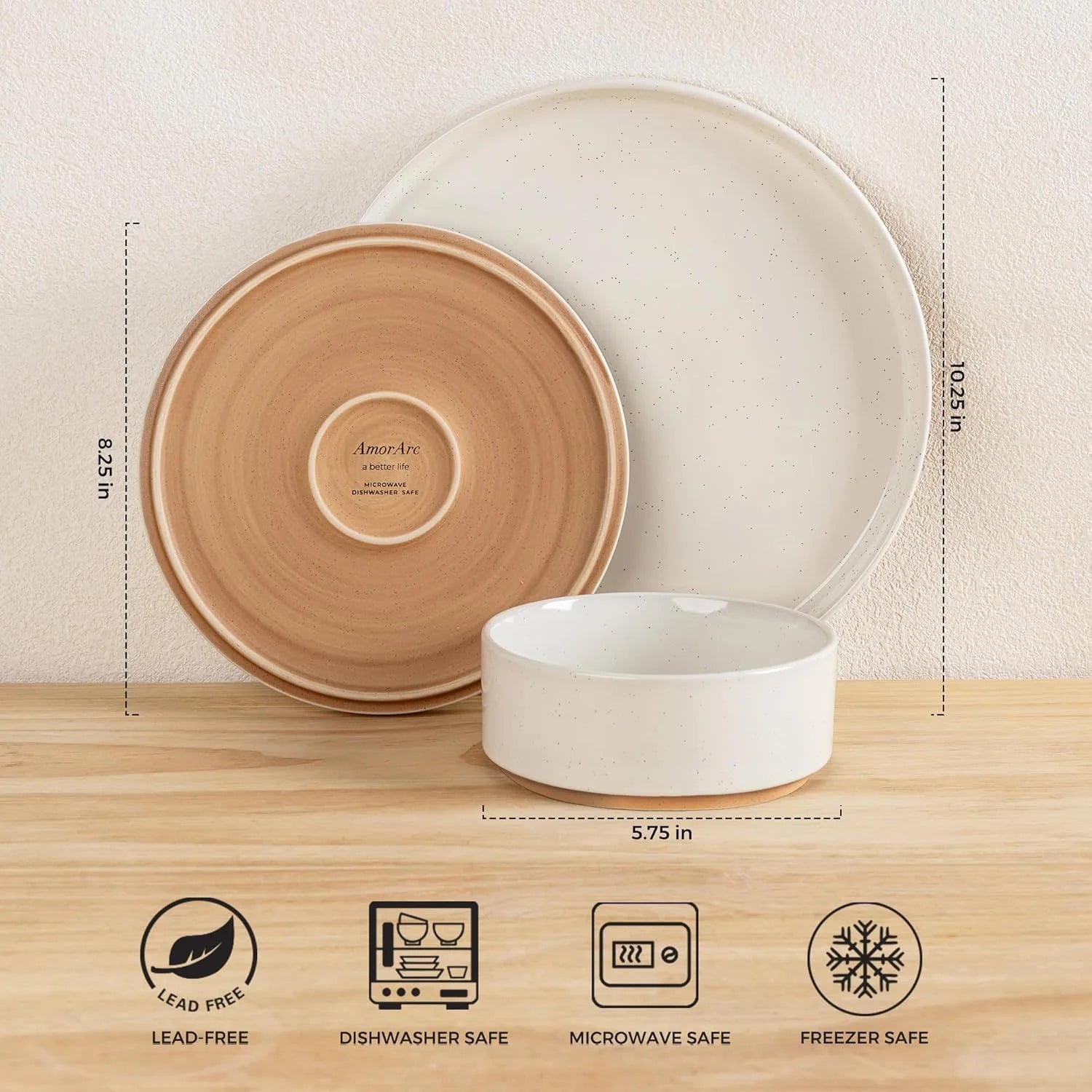 Ceramic Dinnerware Set for 6 | Speckled Stoneware Plates and Bowls with Unglazed Terracotta | Scratch Resistant, Dishwasher & Microwave Safe ,Service for 6 Dishes Set(18Pcs),Beige