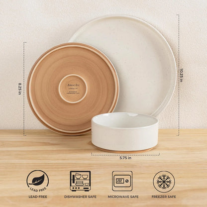 Ceramic Dinnerware Set for 6 | Speckled Stoneware Plates and Bowls with Unglazed Terracotta | Scratch Resistant, Dishwasher & Microwave Safe ,Service for 6 Dishes Set(18Pcs),Beige