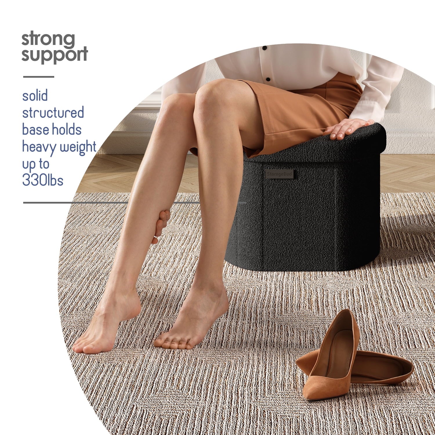 Oval Storage Ottoman Bench, Boucle 16" Ottoman with Storage , Black